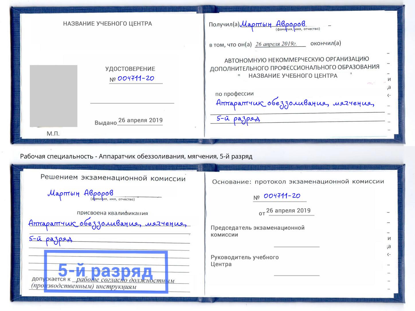 корочка 5-й разряд Аппаратчик обеззоливания, мягчения Кингисепп