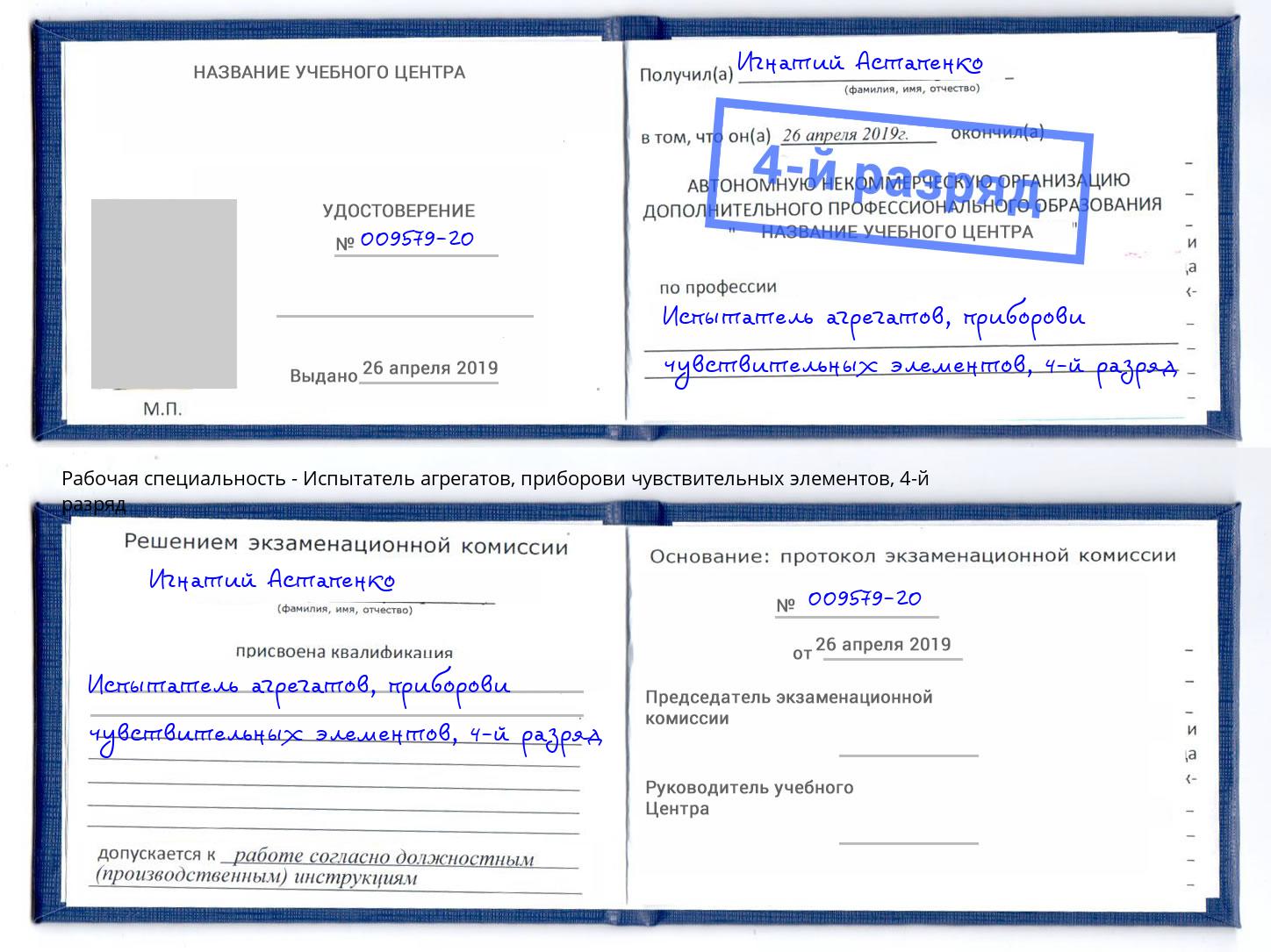 корочка 4-й разряд Испытатель агрегатов, приборови чувствительных элементов Кингисепп