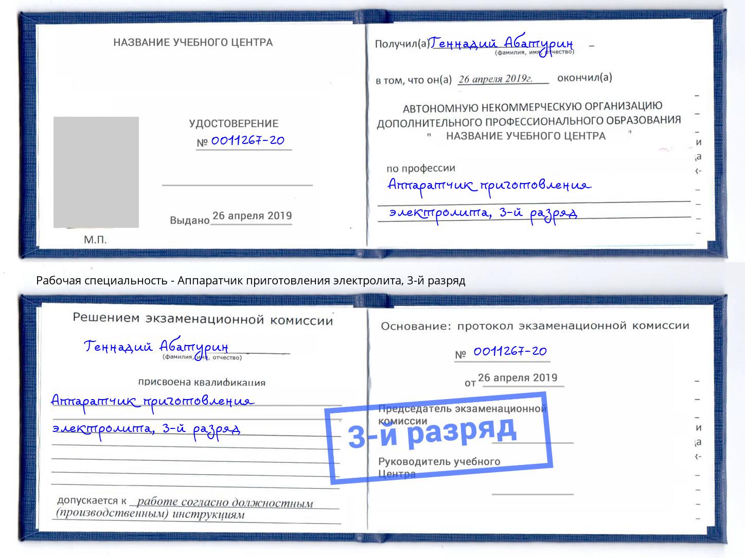 корочка 3-й разряд Аппаратчик приготовления электролита Кингисепп