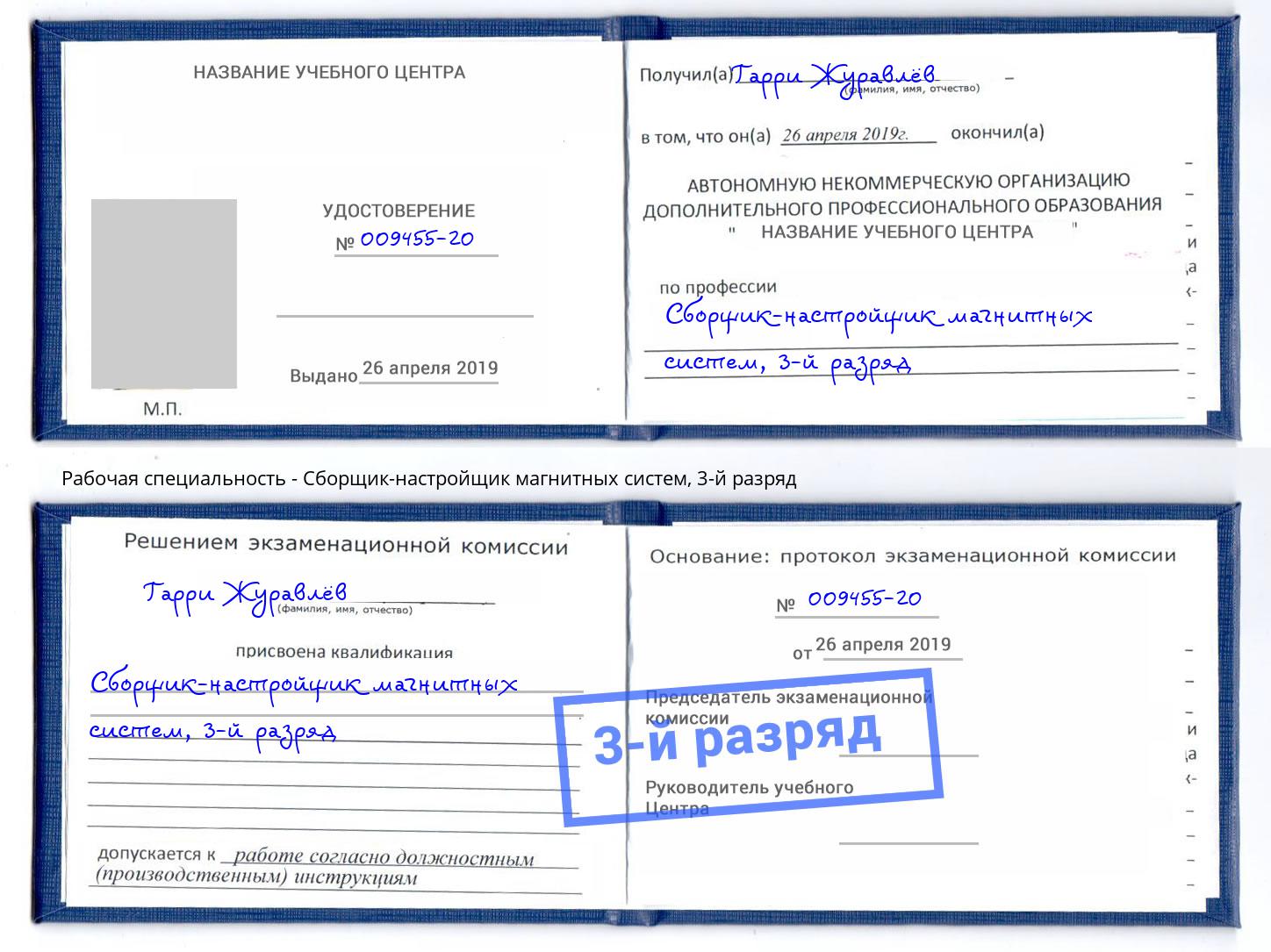корочка 3-й разряд Сборщик-настройщик магнитных систем Кингисепп
