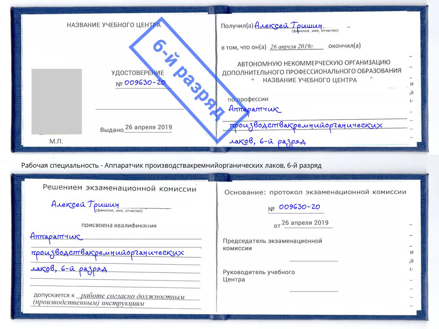 корочка 6-й разряд Аппаратчик производствакремнийорганических лаков Кингисепп