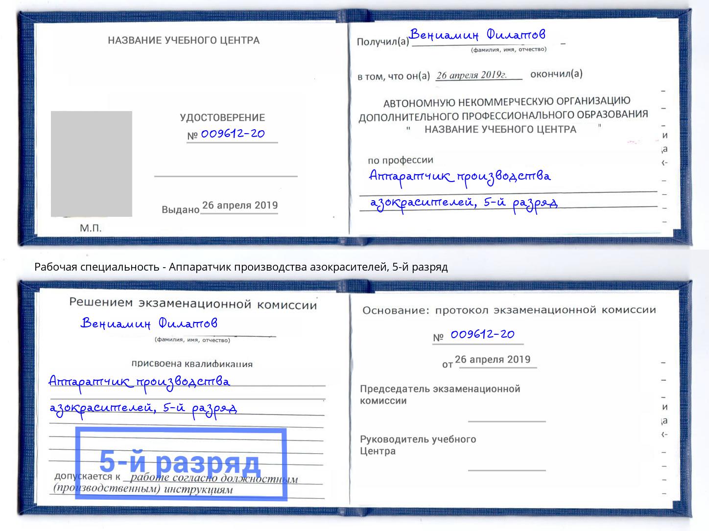 корочка 5-й разряд Аппаратчик производства азокрасителей Кингисепп