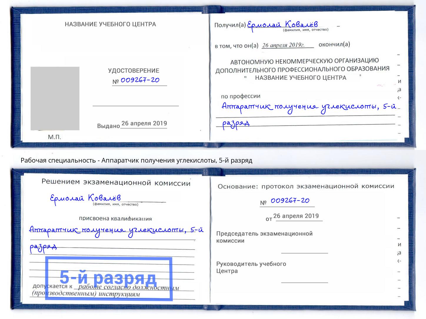 корочка 5-й разряд Аппаратчик получения углекислоты Кингисепп