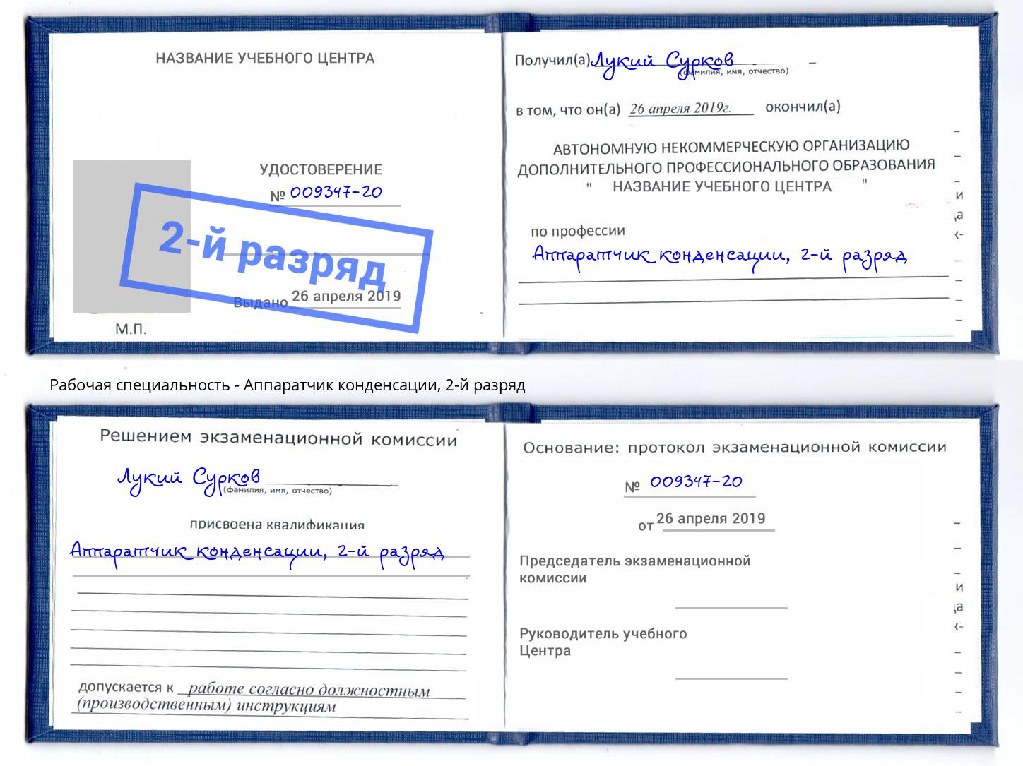 корочка 2-й разряд Аппаратчик конденсации Кингисепп
